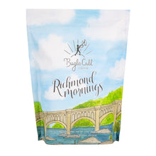 Load image into Gallery viewer, Richmond Mornings coffee bag with watercolor painting of the James River and train trestle bridge.