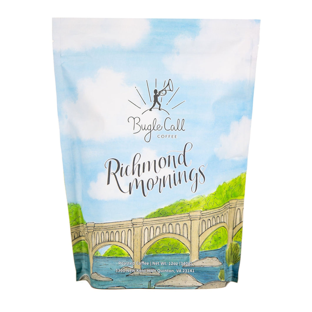 Richmond Mornings coffee bag with watercolor painting of the James River and train trestle bridge.